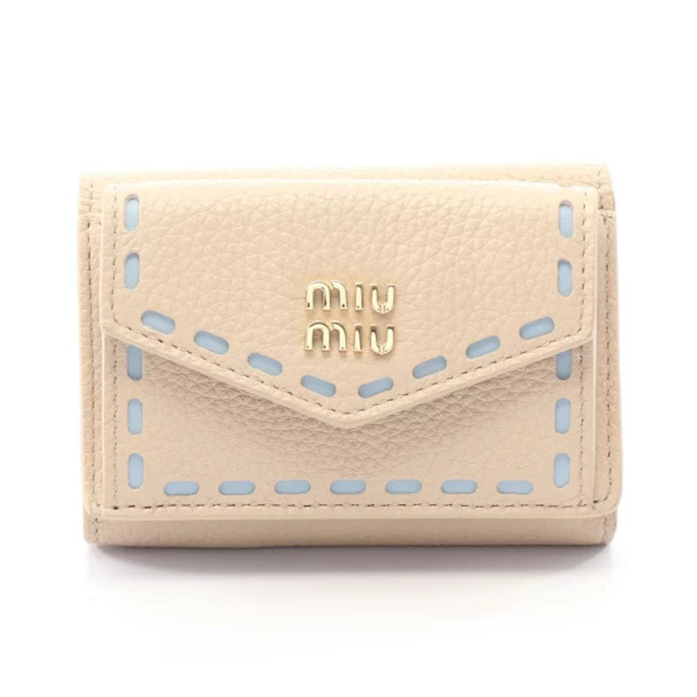 Miu Miu VITELLO PHENIX SOFT Tri fold Wallet Leather Beige Cream Blue